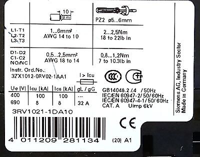 Siemens 3RV1021-1DA10 SIRIUS 600 V AC 2.2-3.2 A 1/3 HP 3 Phase Starter