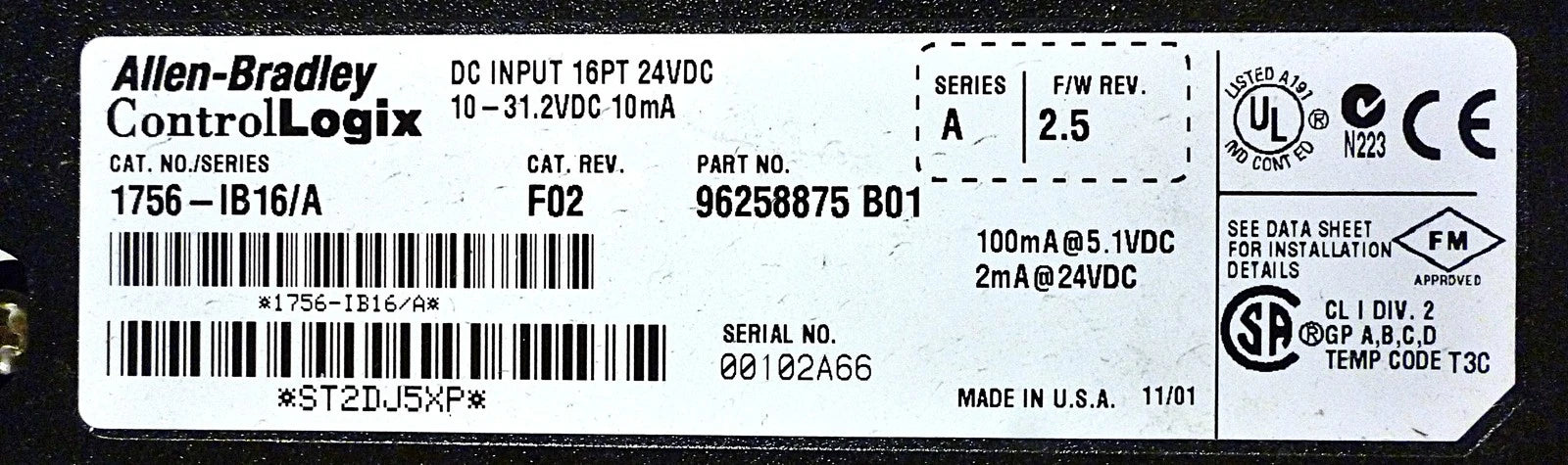 Allen-Bradley 1756-IB16 Ser A CAT Rev F02 F/W Rev 2.5 24 VDC PLC Input Module