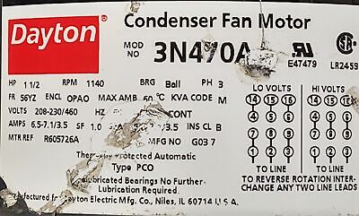 Dayton 3N470A 208-460 V 7.1 A 3-Phase 1 1/2 HP 1140 RPM Condenser Fan Motor