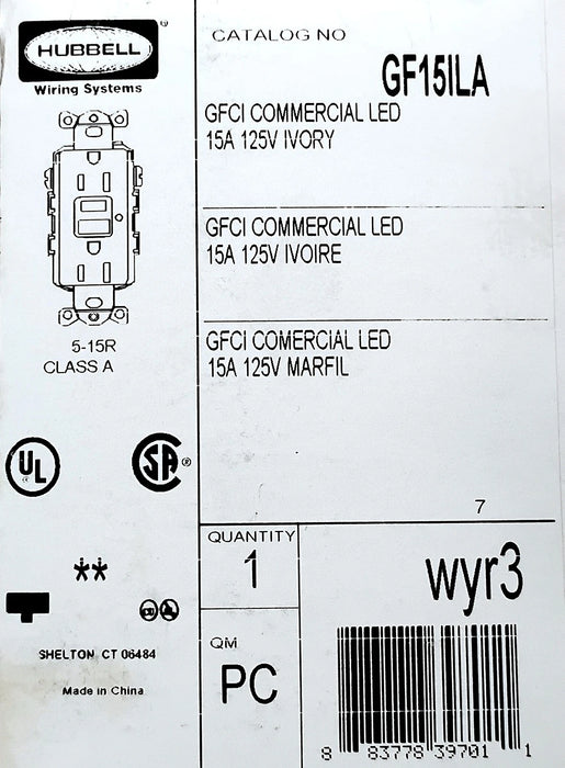 Hubbell GF15ILA 125 V AC 15 A Commercial Grade GFCI Outlet w/ LED