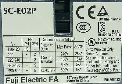 Fuji Electric SC-E02P 9 A Contactor w/ 120 VAC Coil and SZ-A22 Auxiliary Contact