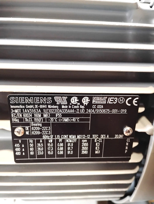 Siemens 1AV3163A 1LE1023-1DA33-5AA4-Z 415/480 V 20HP 15kW 3560RPM Low Volt Motor