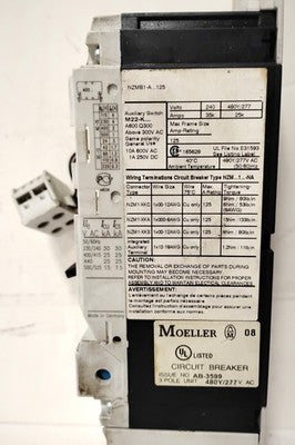 Moeller NZMB1-AF125-NA 125 A 480Y/277VAC Circuit Breaker w/ NZM1-XAHIV 24VAC/DC