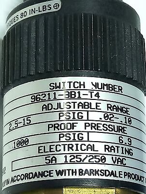 Barksdale 96211-BB1-T4 125/250 V AC 5 A 2.5-15 psig Adjustable Pressure Switch