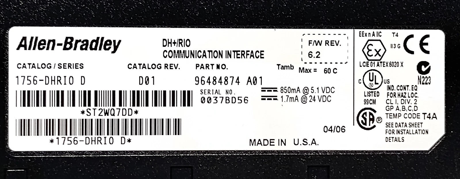 Allen-Bradley 1756-DHRIO Ser D Rev D01 FW Rev 6.2 PLC Communication Interface
