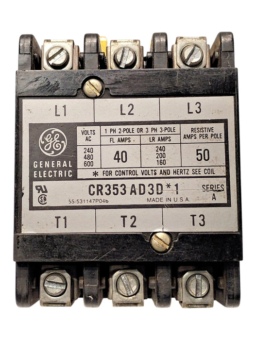 GE CR353-AD3DA1 Ser A 600 V AC 40 A Definite Purpose Contactor w/ 120 V AC Coil