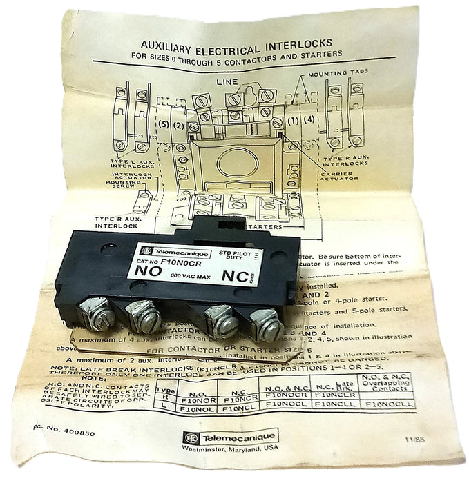 Telemecanique F10N0CR 600 V AC Auxiliary Interlock for Size 0-5 Contactors