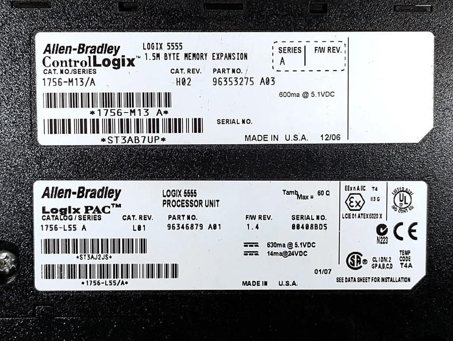 Allen-Bradley 1756-L55 Ser A Rev L01 PLC Processor w/ 1756-M13/A Memory Module