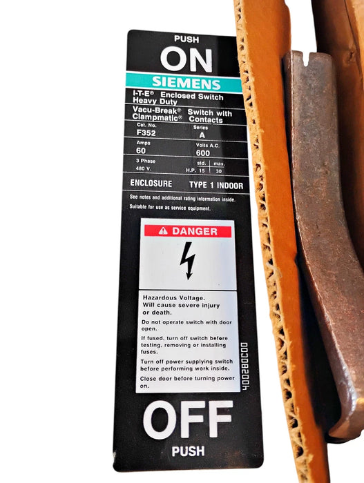 Siemens F352 60 A 600 V AC 3 P Type 1 Enclosed I-T-E Heavy Duty Safety Switch