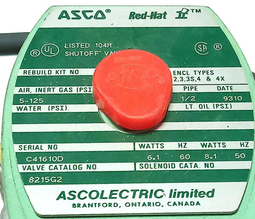 ASCOLECTRIC 8215G2 5-125 psi 1/2 in Solenoid Valve w/ 120 V AC Coil