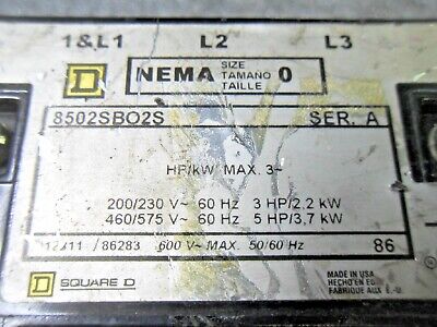 Square D 8502SBO2S SIZE 0 600V Contactor