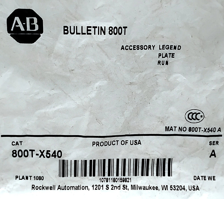 Allen-Bradley 800T-X540 RUN Aluminum Legend Plate for 30 mm Switches