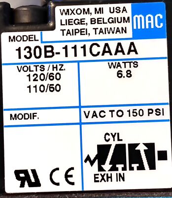 MAC Valves 130B-111CAAA 110/120 V AC 150 psi 3-Way Solenoid Valve