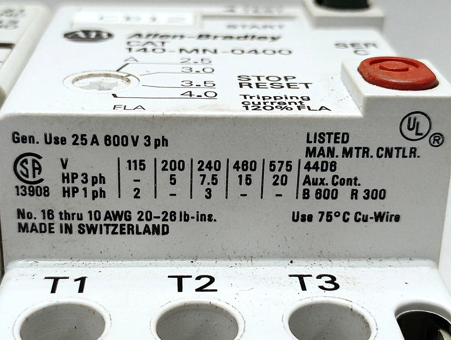 Allen-Bradley 140-MN-0400 Ser C 660 V AC 2.4-4.0 A Manual Starter w/ 140-A11 Aux