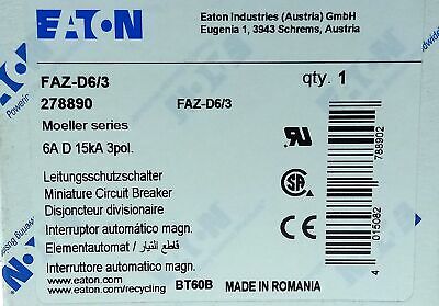 Eaton FAZ-D6/3 480/277 V AC 6 A 3 Pole Miniature Supplementary Protector