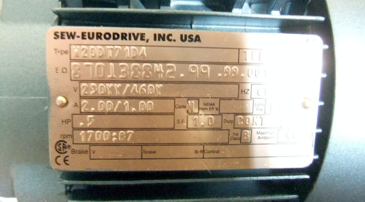 Sew Eurodrive W20DT71D4 Gear Motor .5HP
