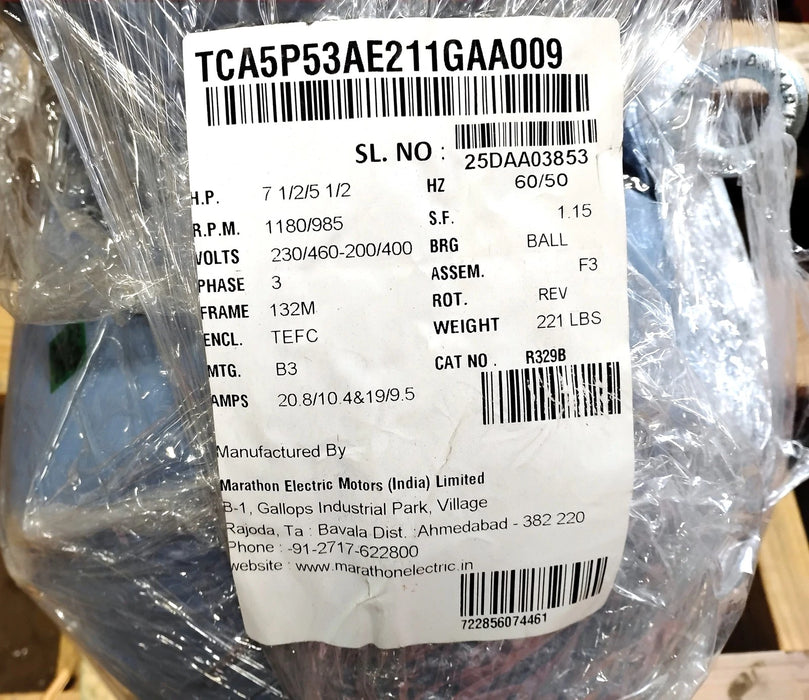 Marathon TCA5P53AE211GAA009 R329B 230/460 V 7-1/2 HP 1180 RPM Cast Iron Motor