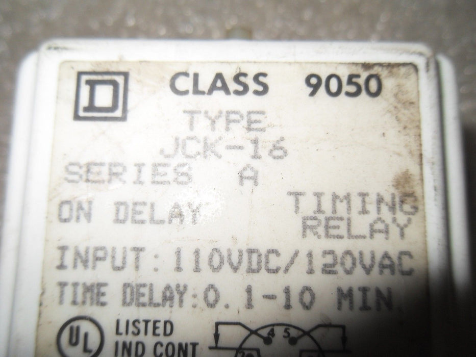 Square D 9050-JCK-16 120VAC 0.1-10MIN On Delay Timing Relay