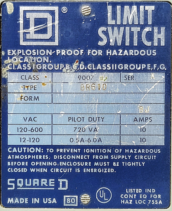 Square D 9007BR61D 600 V 10 A Limit Switch