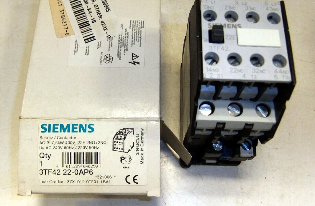 Siemens Contactor 3P 220/240V 3TF42 22-OAP6