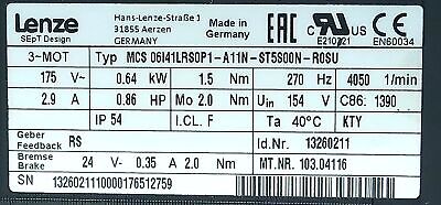 Lenze MCS 06I41LRS0P1-A11N-ST5S00N-R0SU 175 V AC 2.9 A 4050 RPM Servo Motor