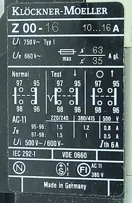 Klockner Moeller Z00-16 690 V AC 10-16 A Adjustable Overload Protection Relay