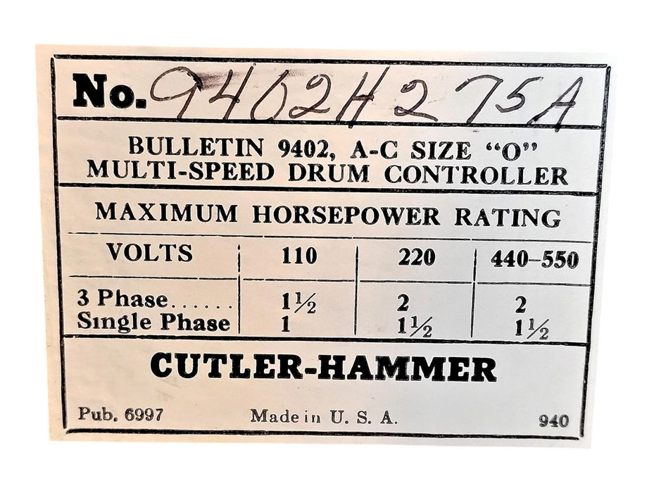 Cutler-Hammer 9402 H275 A 2 HP Size 0 Multi-Speed Drum Controller