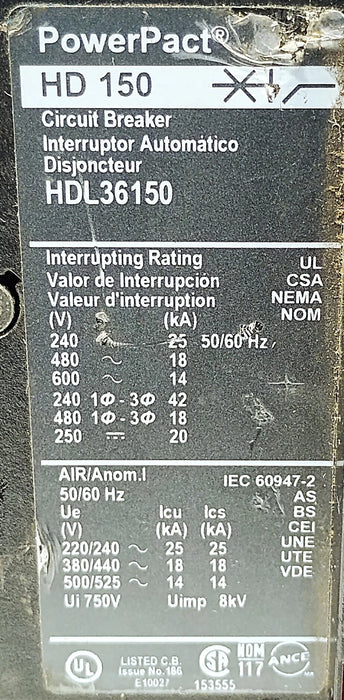 Square D HDL36150 600 V AC 150 A 3 Pole Circuit Breaker