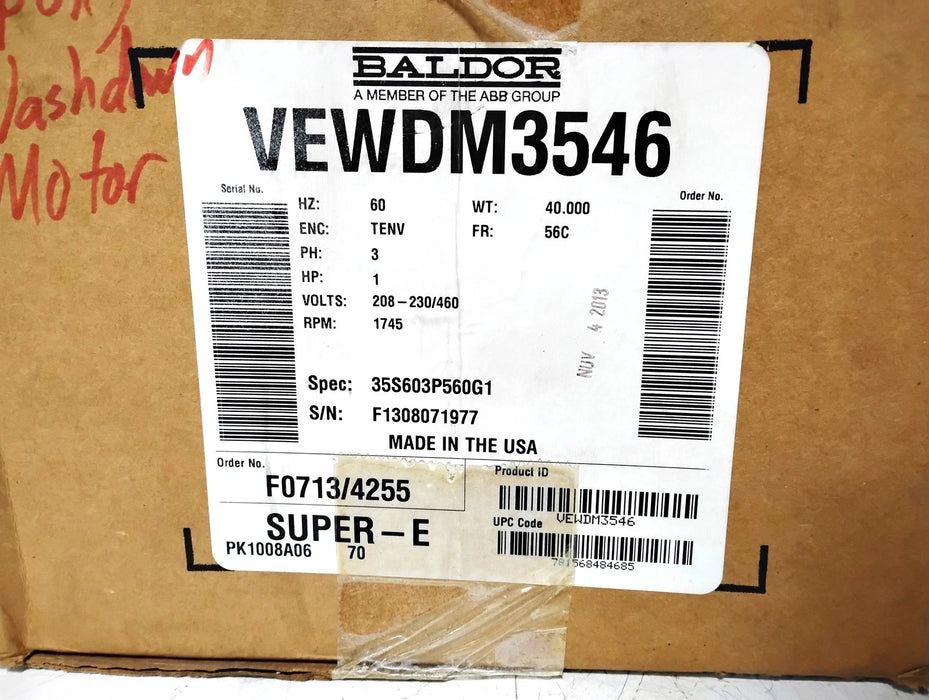 Baldor VEWDM3546 230/460 V 1770 RPM 1 HP Wash Down Motor