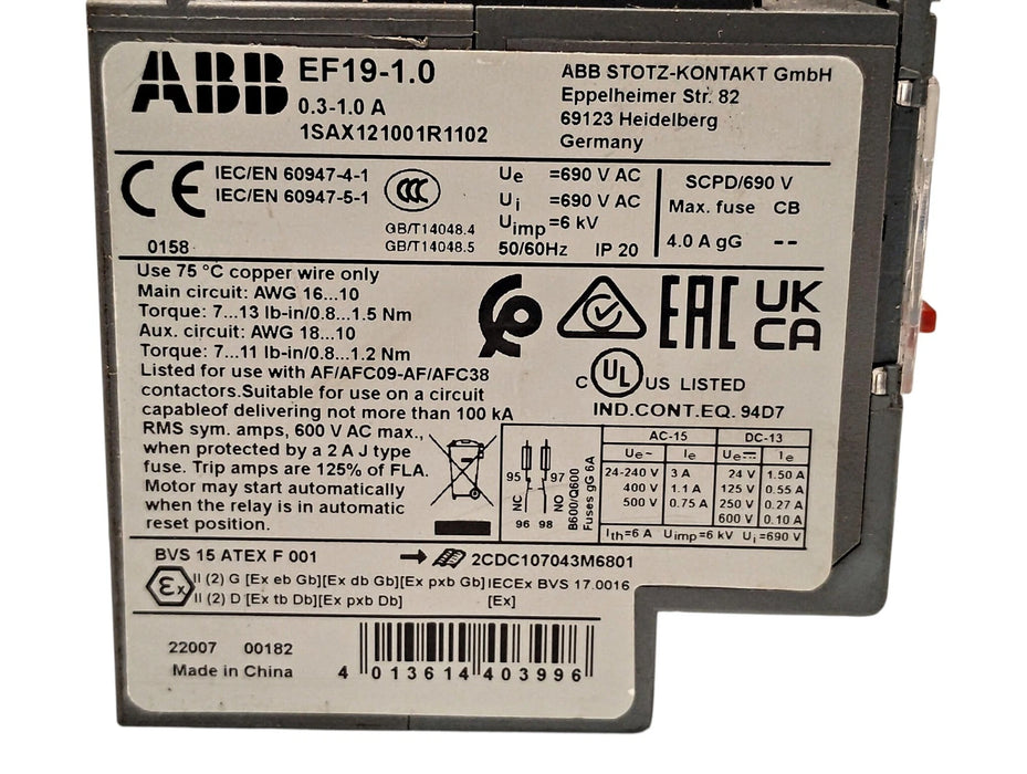 ABB EF19-1.0 690 V AC 0.3-1.0 A 3-Pole Electronic Overload Relay