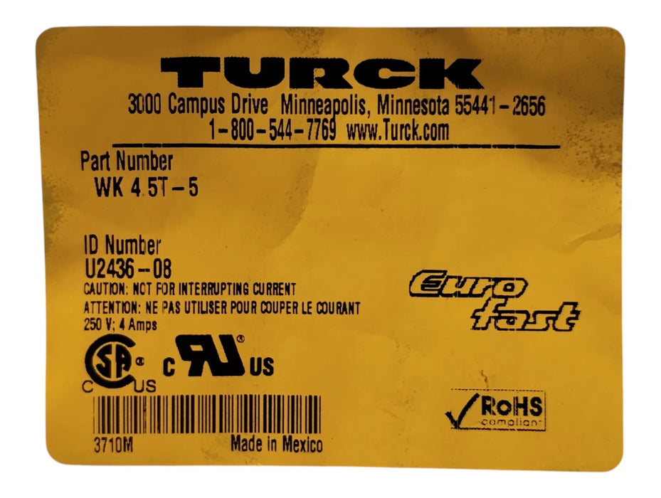 Turck WK-4.5T-5 5-Wire Cable w/ 1 M12 Euro Fast Connector