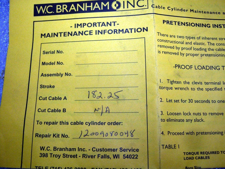 WC Branham Cut Cable Cylinder 182.25