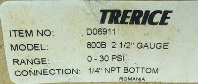 Trerice 800-B 0-30 psi 2.5 in Pressure Gauge w/ 1/4 in NPT Bottom Connection