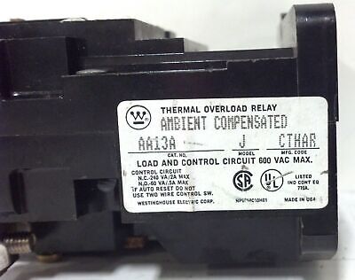 Westinghouse AA13A Model J Max 600 V AC 3 P Size 1 Thermal Overload Relay