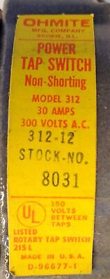 Ohmite 312-12 300 V AC 30 A Non-Shorting Power Tap Switch