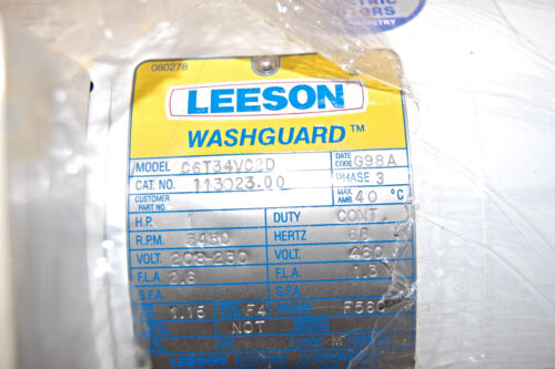 LEESON 113023.00 C6T34VC2D 208-230/460 V AC 1/2 HP 3450 RPM Washguard Motor