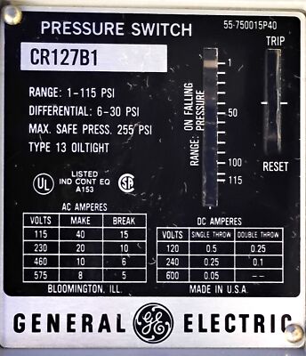 GE CR127B1 120-600 V 1-115 psi Pressure Switch in NEMA 13 Enclosure