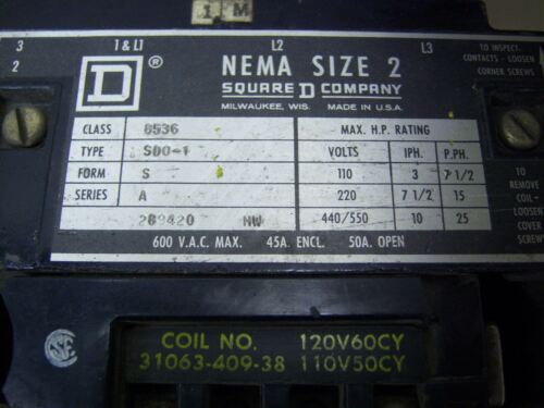 Square D Contactor 45-50A Size 2 8536-SD01