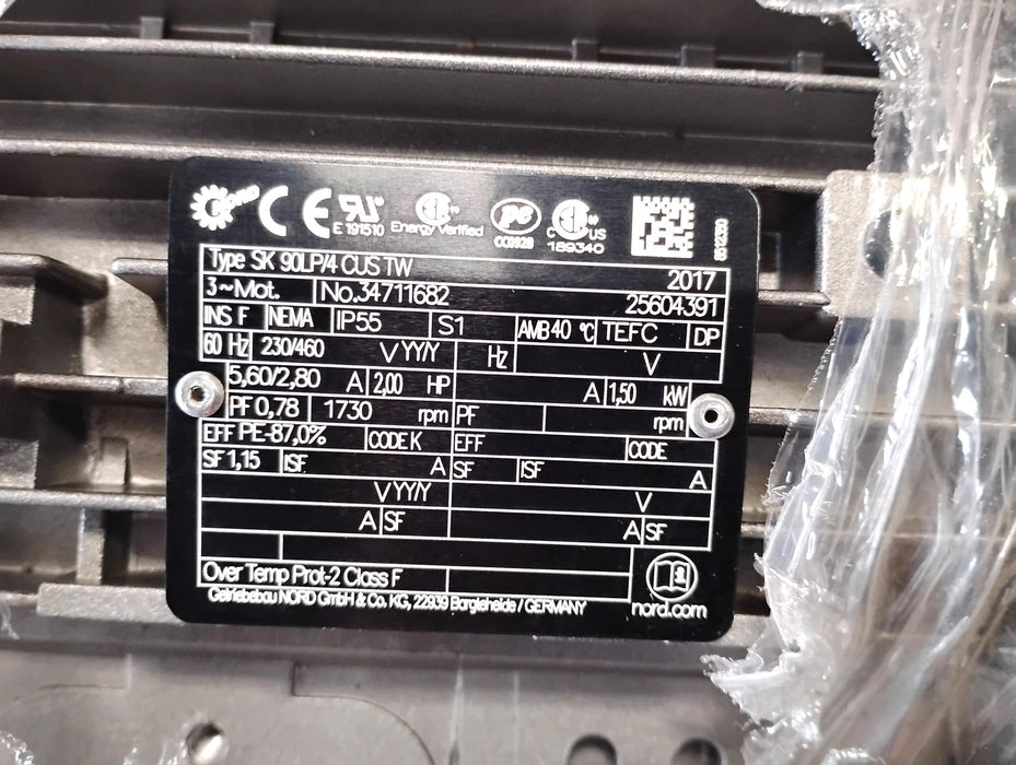 Nord SK 90LP/4 CUS TW 230/460 V 2 HP 1730 RPM Motor w/ 12080-90LP/4 27.99:1 Gear