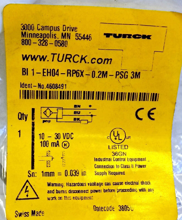Turck BI 1-EH04-RP6X-0.2M-PSG 3M Stainless Steel Inductive Proximity Sensor