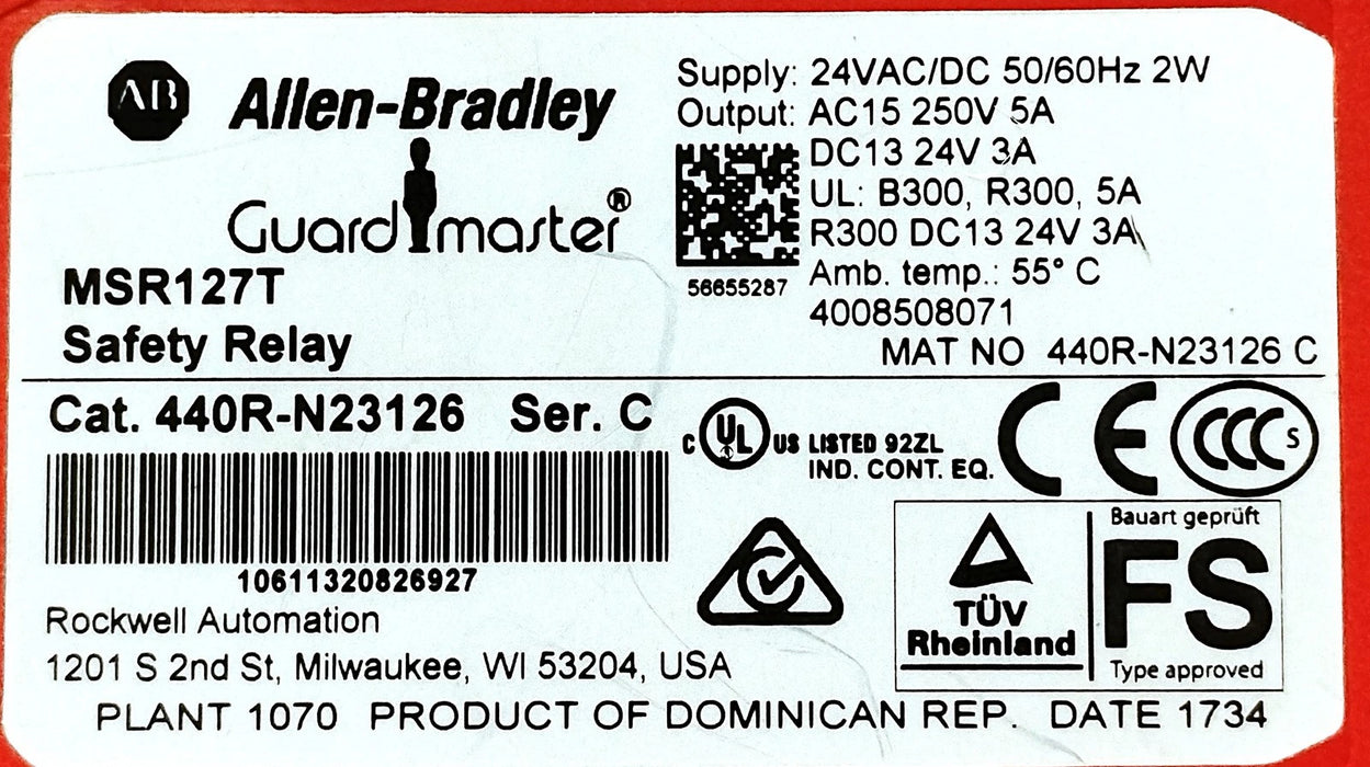 Allen-Bradley 440R-N23126 MSR127T Ser C Guardmaster 24 V AC/DC 5 A Safety Relay