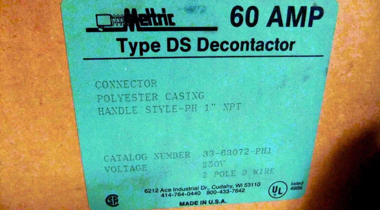 Meltric 60 Amp Type DS Decontactor / Plug 33-63072-PH1 250V
