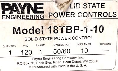 Payne Engineering 18TBP-1-10 120 V AC 50/60 Hz 10 A Solid State Power Control