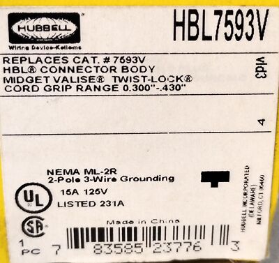 Hubbell HBL7593V MIDGET VALISE ® TWIST-LOCK ® 2 Pole 2 Wire Receptacle