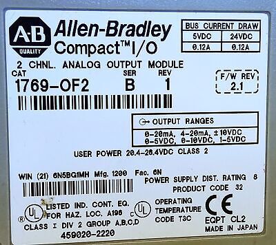 Allen-Bradley 1769-OF2 CompactLogix Ser B Rev 1 F/W Rev 2.1 PLC Output Module