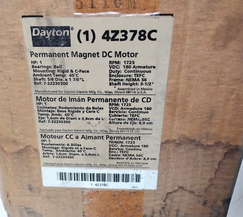 Dayton 4Z378C 180 V DC 1725 RPM 1 HP TEFC NEMA 56 Permanent Magnet DC Motor