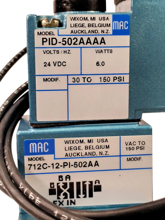 MAC Valves 712C-12-PI-502AA 150 psi Pneumatic Solenoid Valve w/ 24VDC Coil