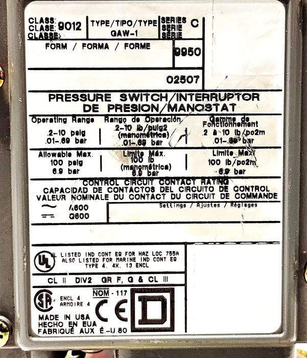 Square D 9012-GAW1 480 V AC 10 A 2-10 psig Diaphragm Pressure Switch