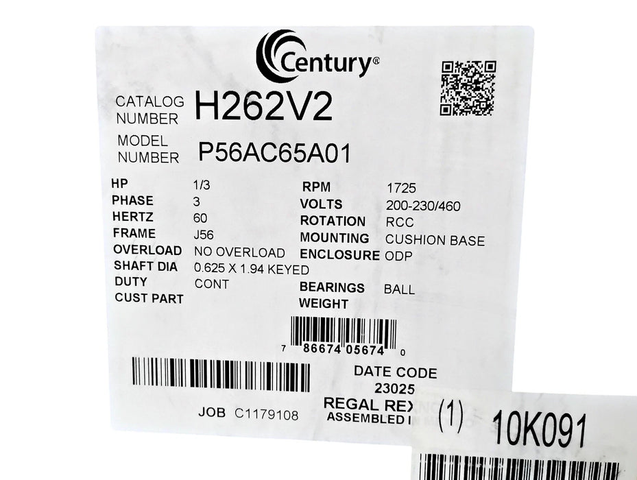 Century Motors H262V2 200-230/460 V 1725 RPM 1/3 HP J56 Fan & Blower Motor