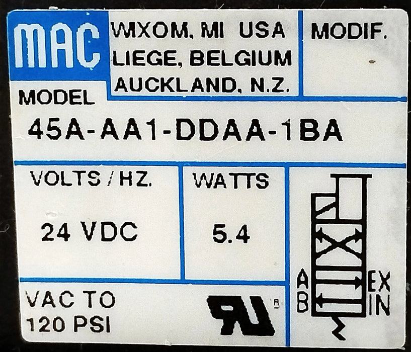 MAC Valves 45A-AA1-DDAA-1BA VAC-120 psi Solenoid Balve w/ 24 V DC Coil